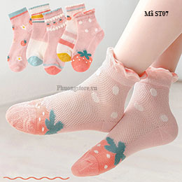 Vớ bé gái từ 0-10 tuổi màu hồng họa tiết dâu thoáng khí - ST07